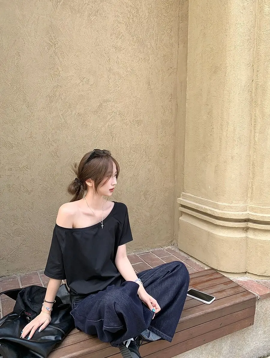 Craftsman One Cross-Border Asymmetrical Off-Shoulder Two-Way Short Sleeve T-Shirt for Women 2026 Spring/Summer New Korean Style Casual Base Shirt Trend — feature 5