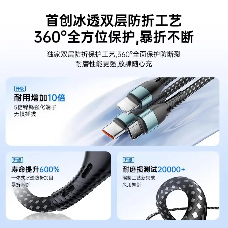 120W Braided Three-In-One Charging Cable for Apple & Huawei