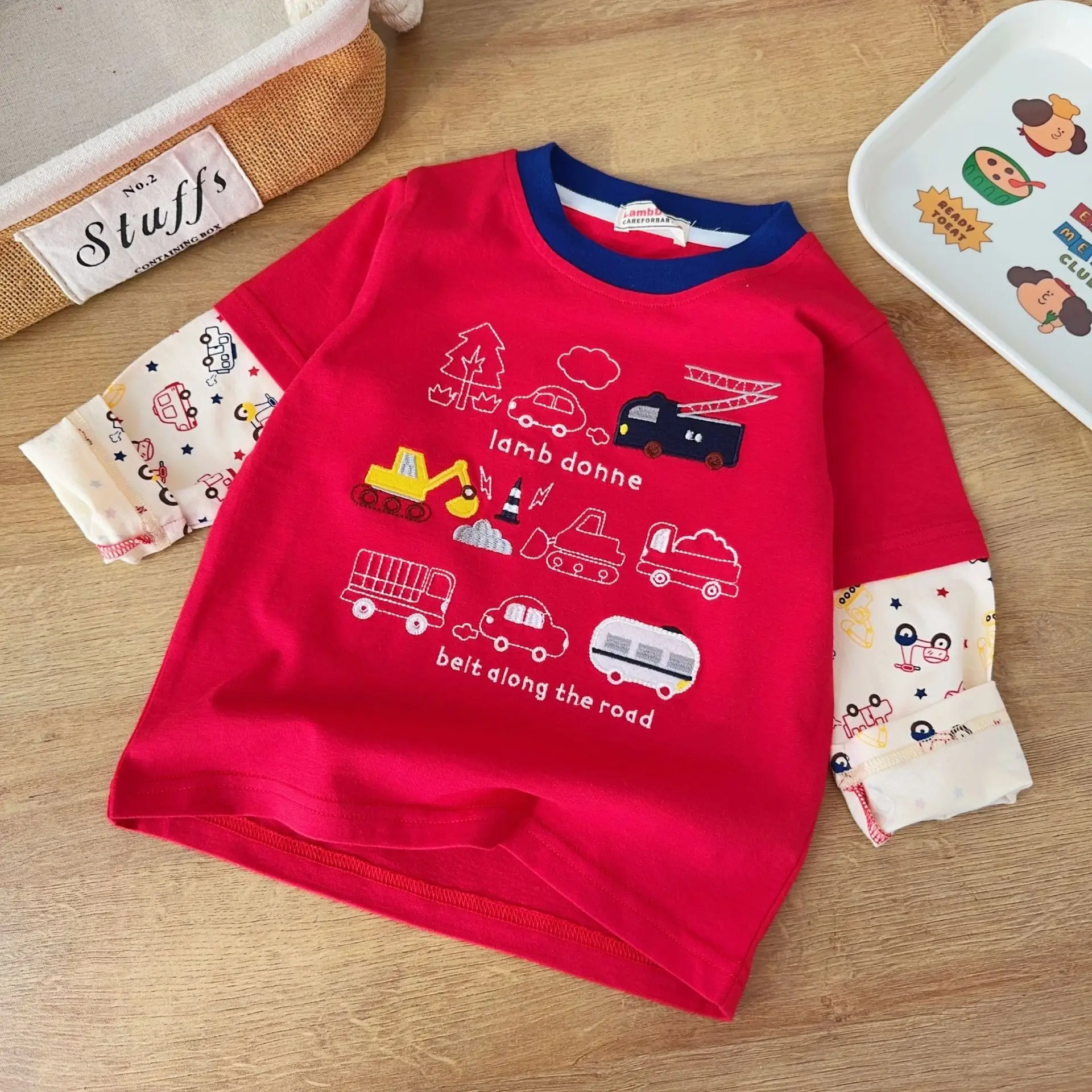 Kids Long Sleeve T-Shirt 2026 Spring Boys Cream Car Print - Image 6