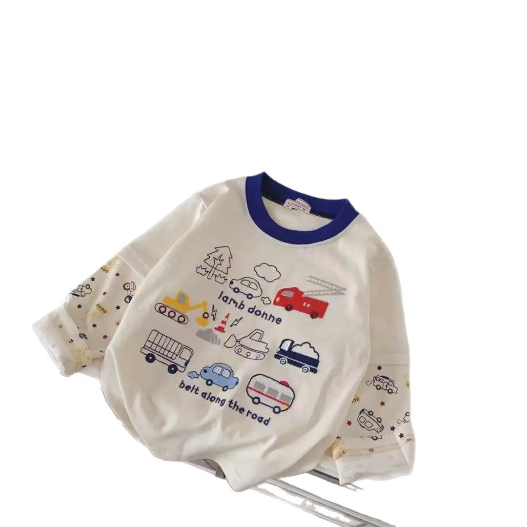 Kids Long Sleeve T-Shirt 2026 Spring Boys Cream Car Print - Image 8