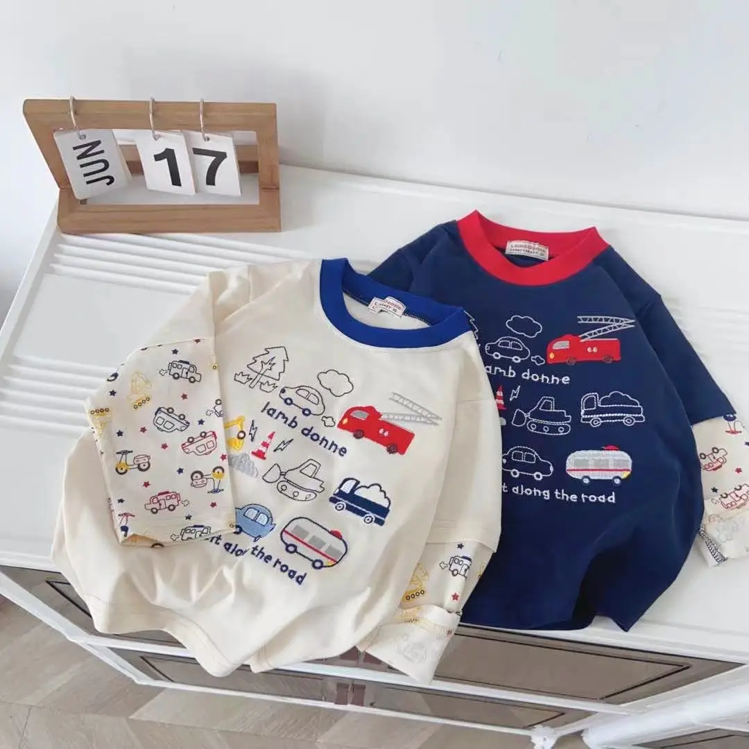 Kids Long Sleeve T-Shirt 2026 Spring Boys Cream Car Print — feature 10
