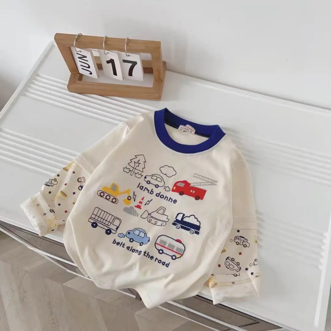Kids Long Sleeve T-Shirt 2026 Spring Boys Cream Car Print — feature 11