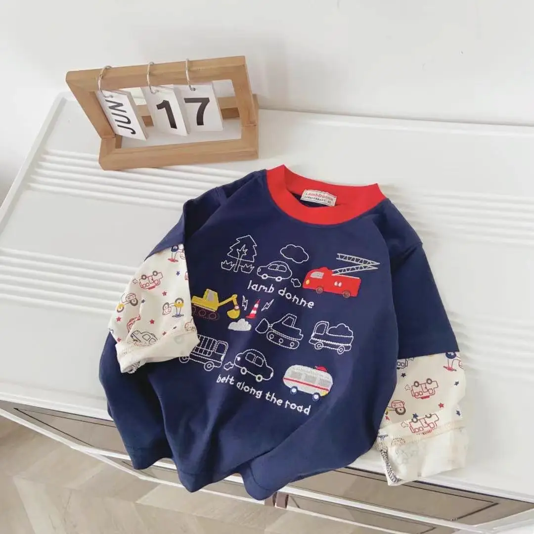 Kids Long Sleeve T-Shirt 2026 Spring Boys Cream Car Print — feature 12
