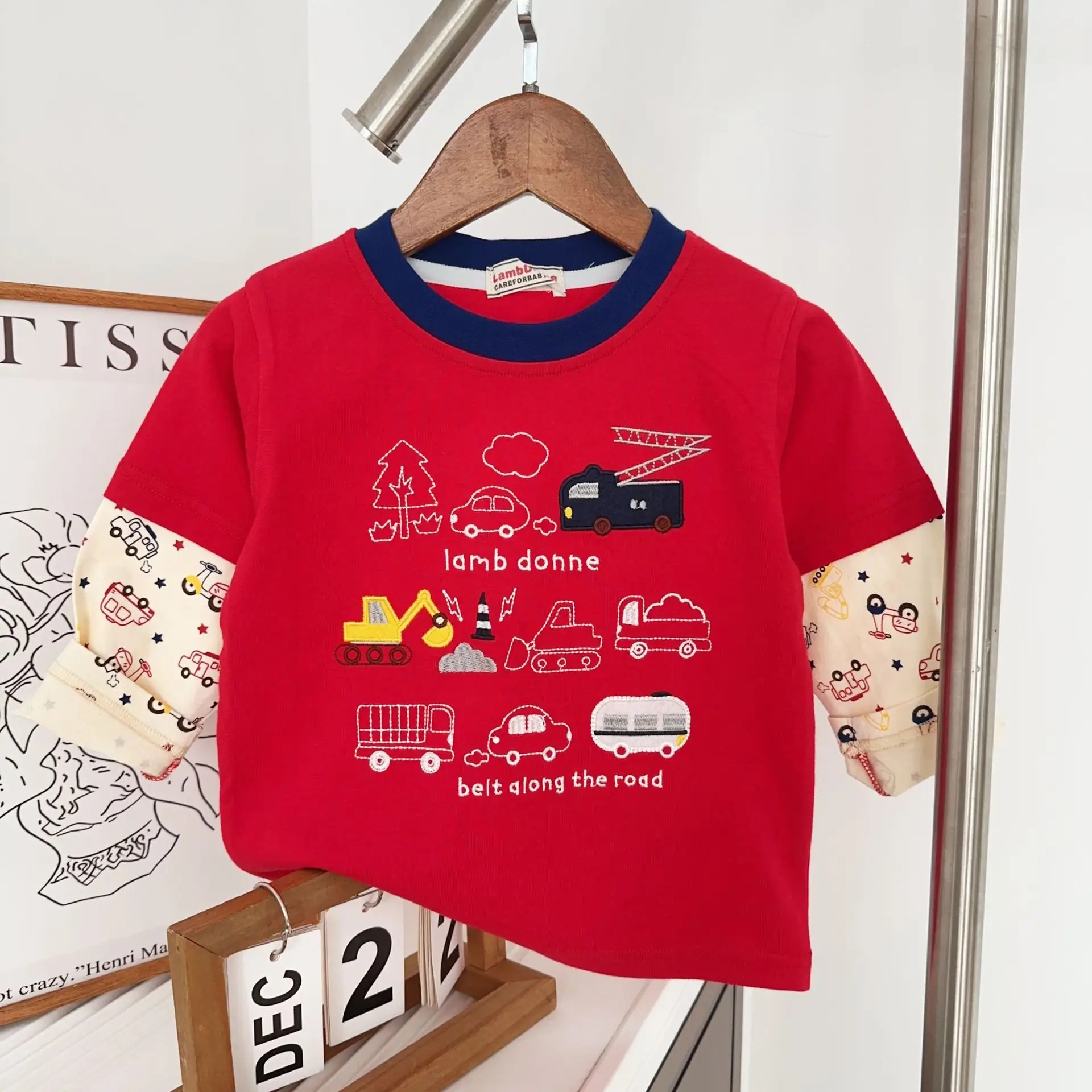 Kids Long Sleeve T-Shirt 2026 Spring Boys Cream Car Print — feature 15