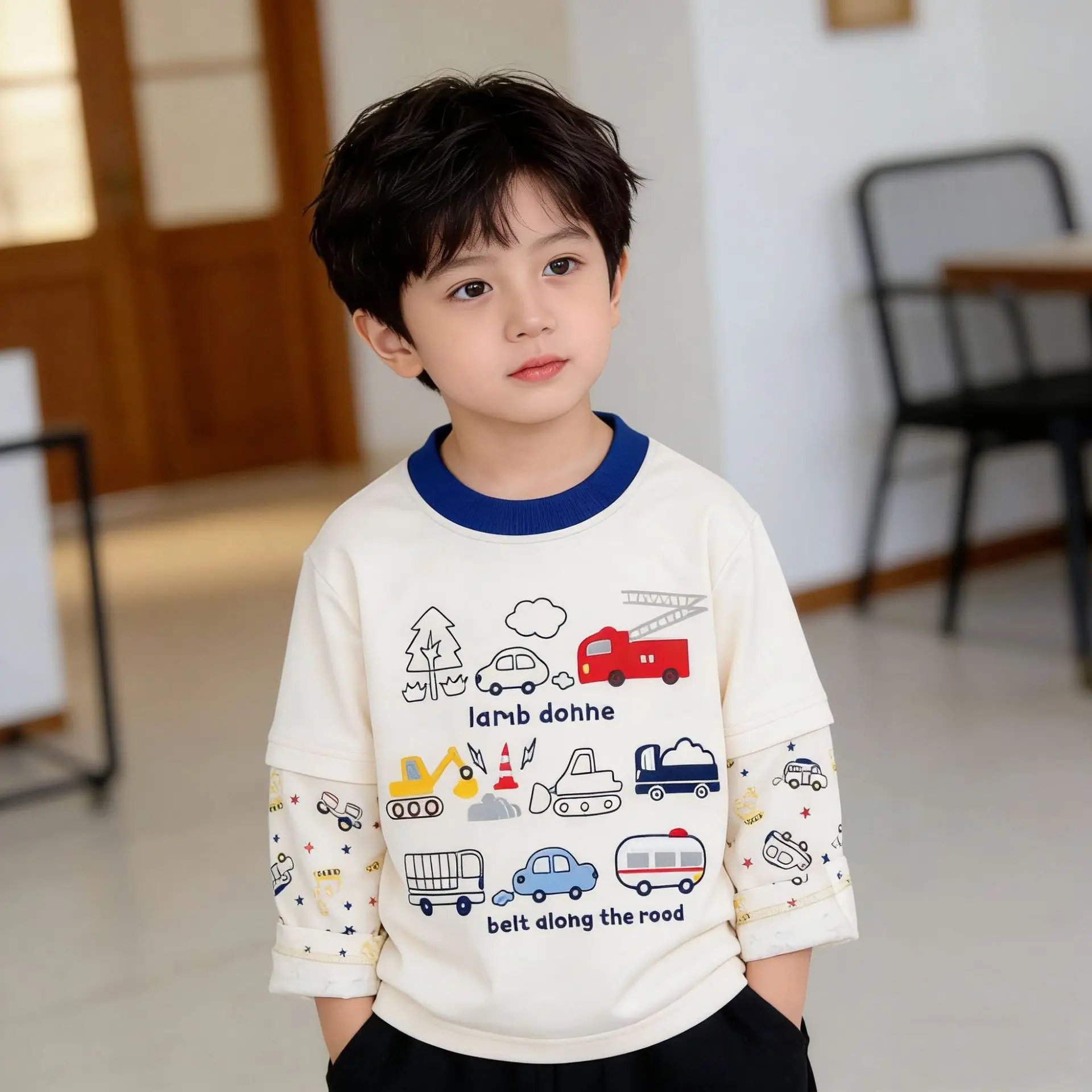 Kids Long Sleeve T-Shirt 2026 Spring Boys Cream Car Print - Image 2