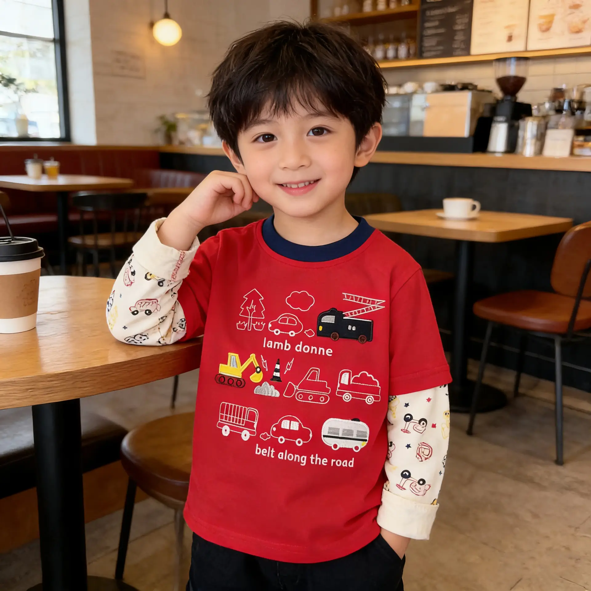 Kids Long Sleeve T-Shirt 2026 Spring Boys Cream Car Print - Image 3