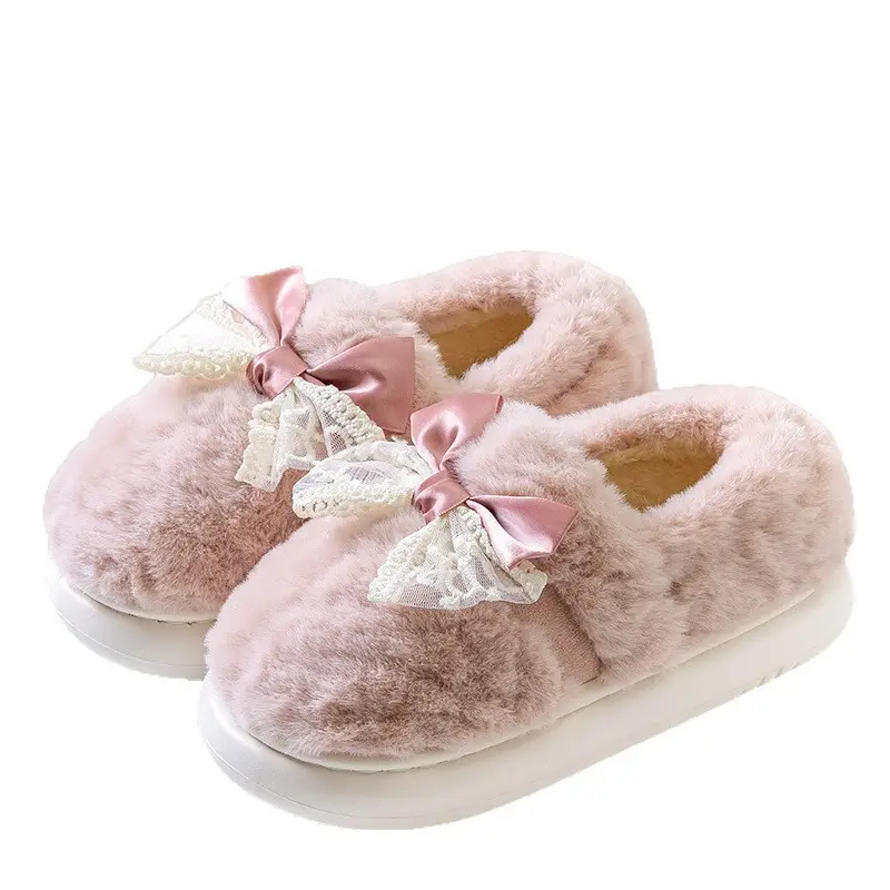 Women's New Style Home Warm Non-Slip Soft-Soled Comfortable Outer Wear Thick-Soled Plus Plush Slippers for Women with Bow-Knot Cotton Shoes