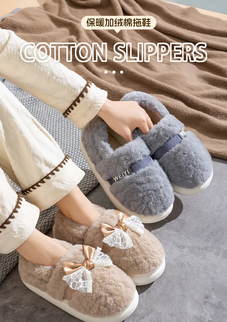 Women's New Style Home Warm Non-Slip Soft-Soled Comfortable Outer Wear Thick-Soled Plus Plush Slippers for Women with Bow-Knot Cotton Shoes — feature 1