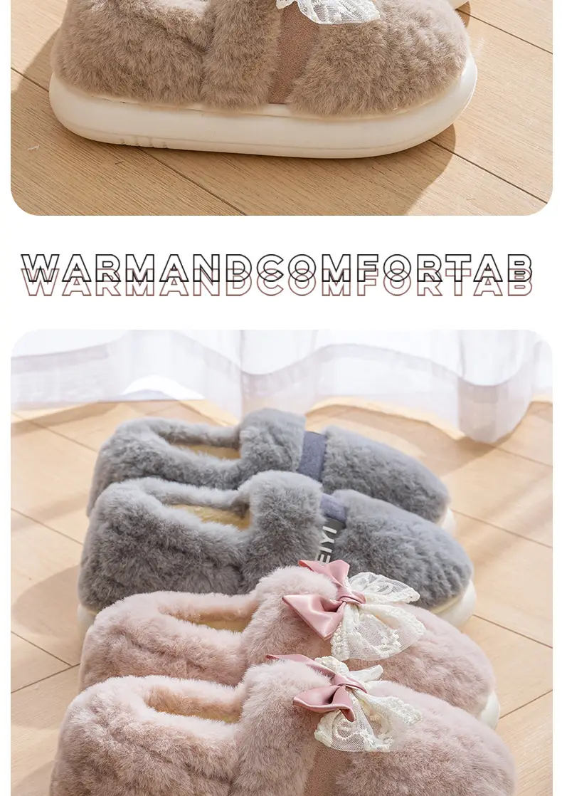Women's New Style Home Warm Non-Slip Soft-Soled Comfortable Outer Wear Thick-Soled Plus Plush Slippers for Women with Bow-Knot Cotton Shoes — feature 13