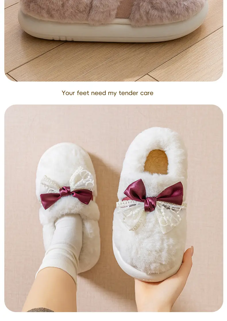 Women's New Style Home Warm Non-Slip Soft-Soled Comfortable Outer Wear Thick-Soled Plus Plush Slippers for Women with Bow-Knot Cotton Shoes — feature 14