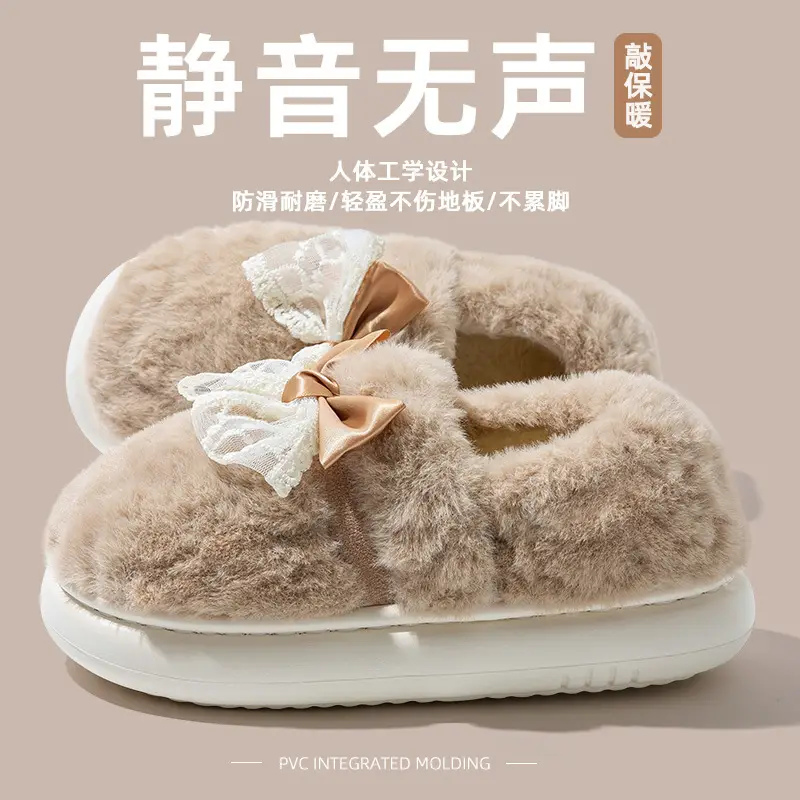 Women's New Style Home Warm Non-Slip Soft-Soled Comfortable Outer Wear Thick-Soled Plus Plush Slippers for Women with Bow-Knot Cotton Shoes