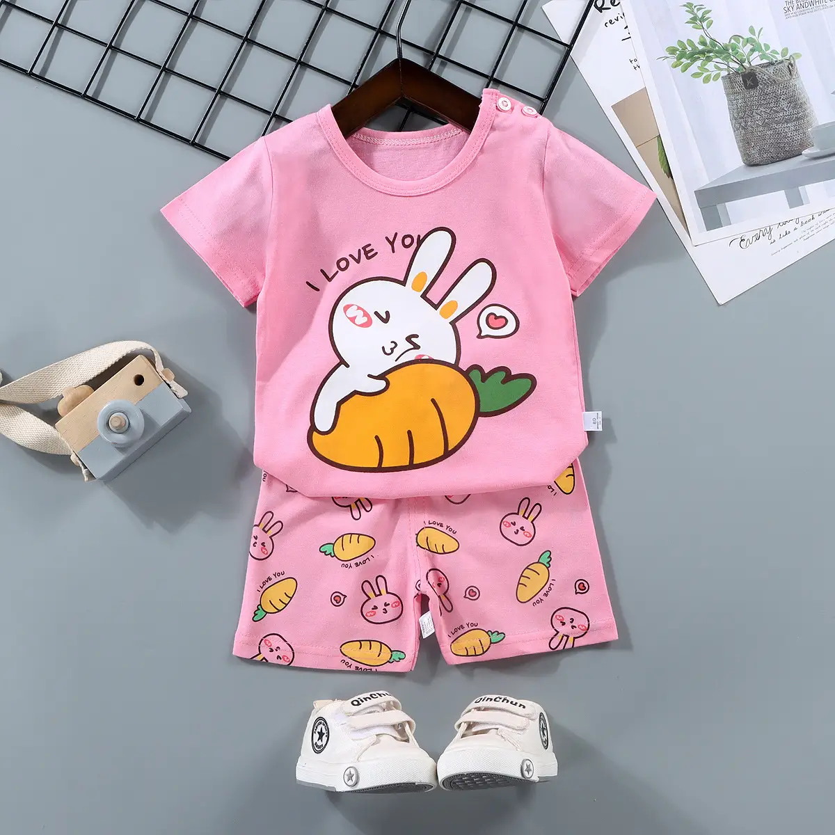 Children Cotton Bunny Print Shorts Set Summer - Image 3