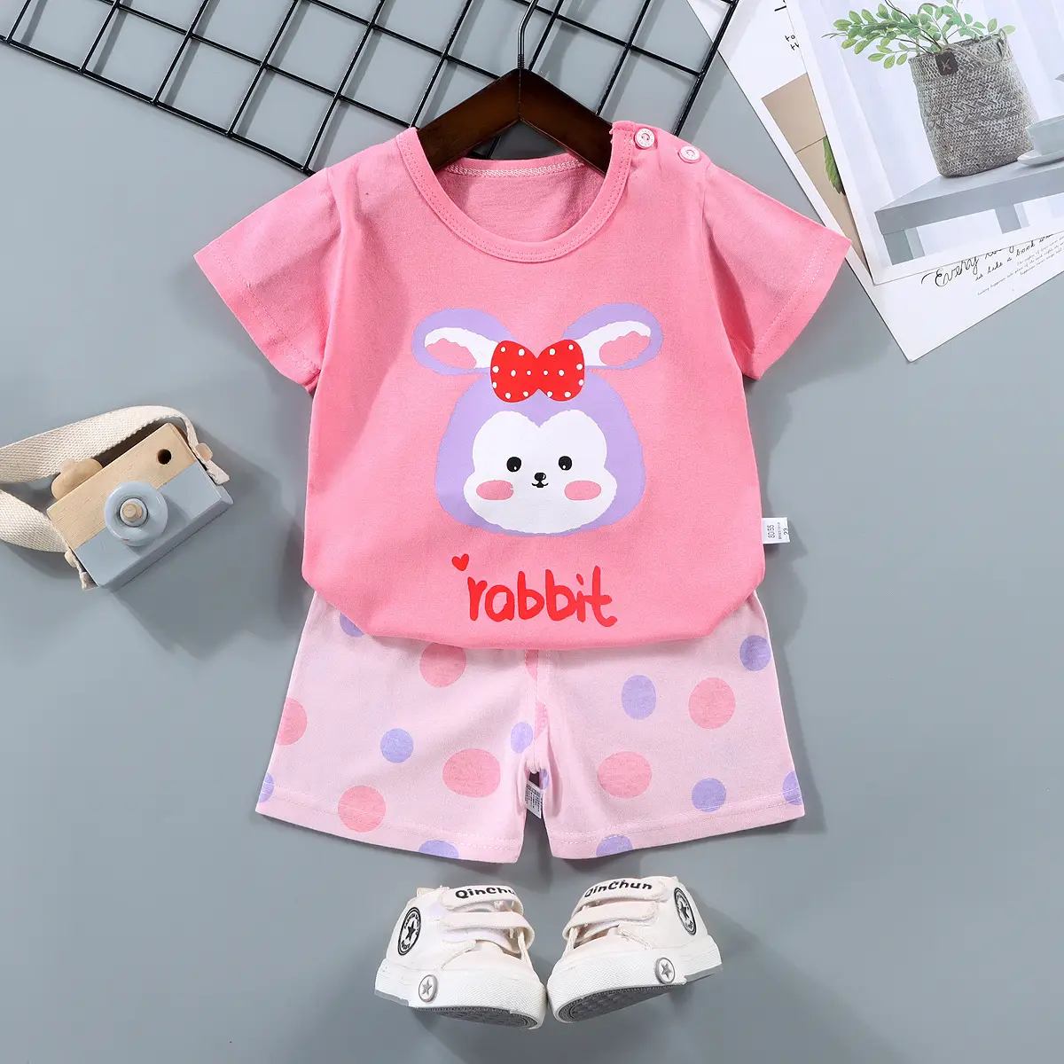 Children Cotton Bunny Print Shorts Set Summer - Image 31