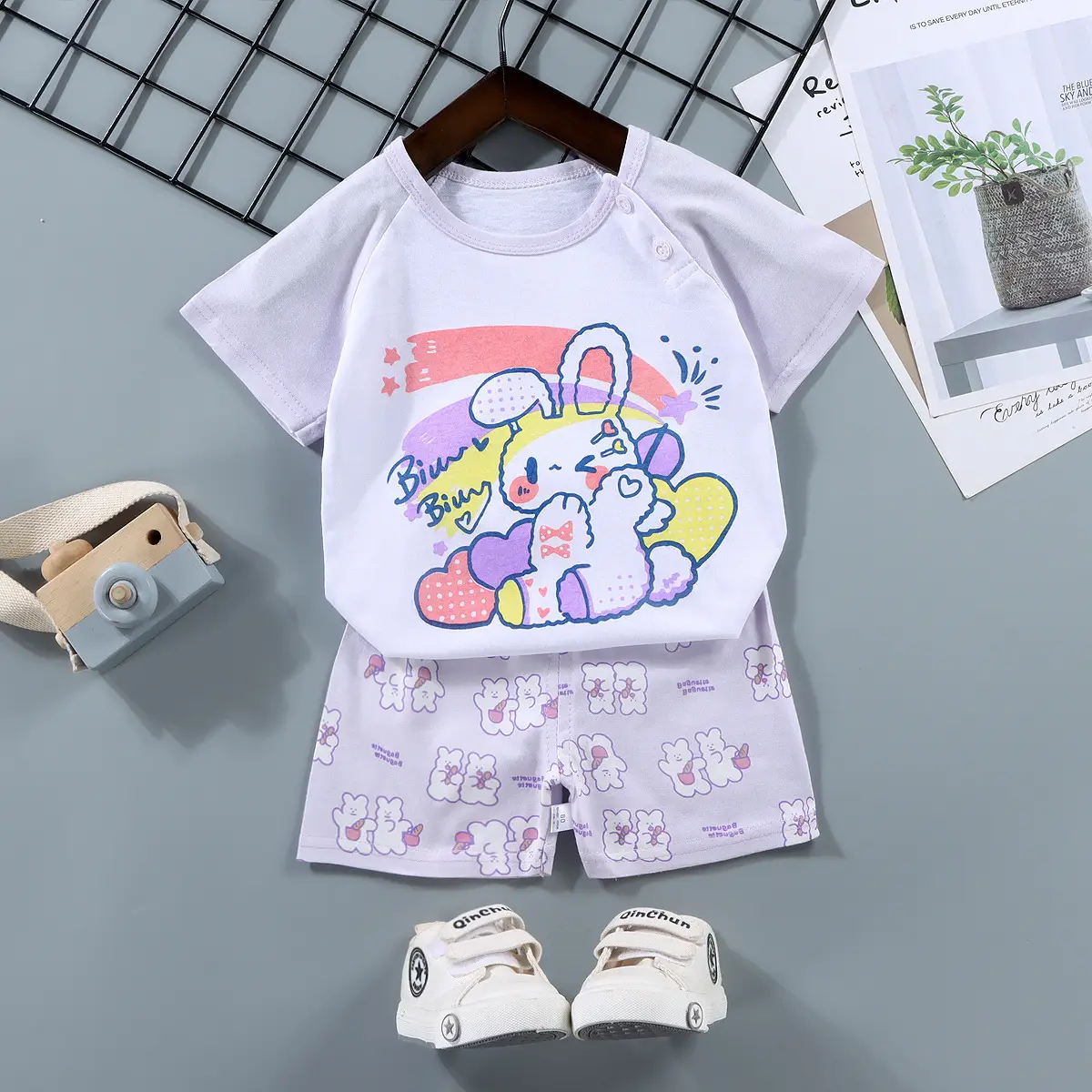 Children Cotton Bunny Print Shorts Set Summer - Image 38