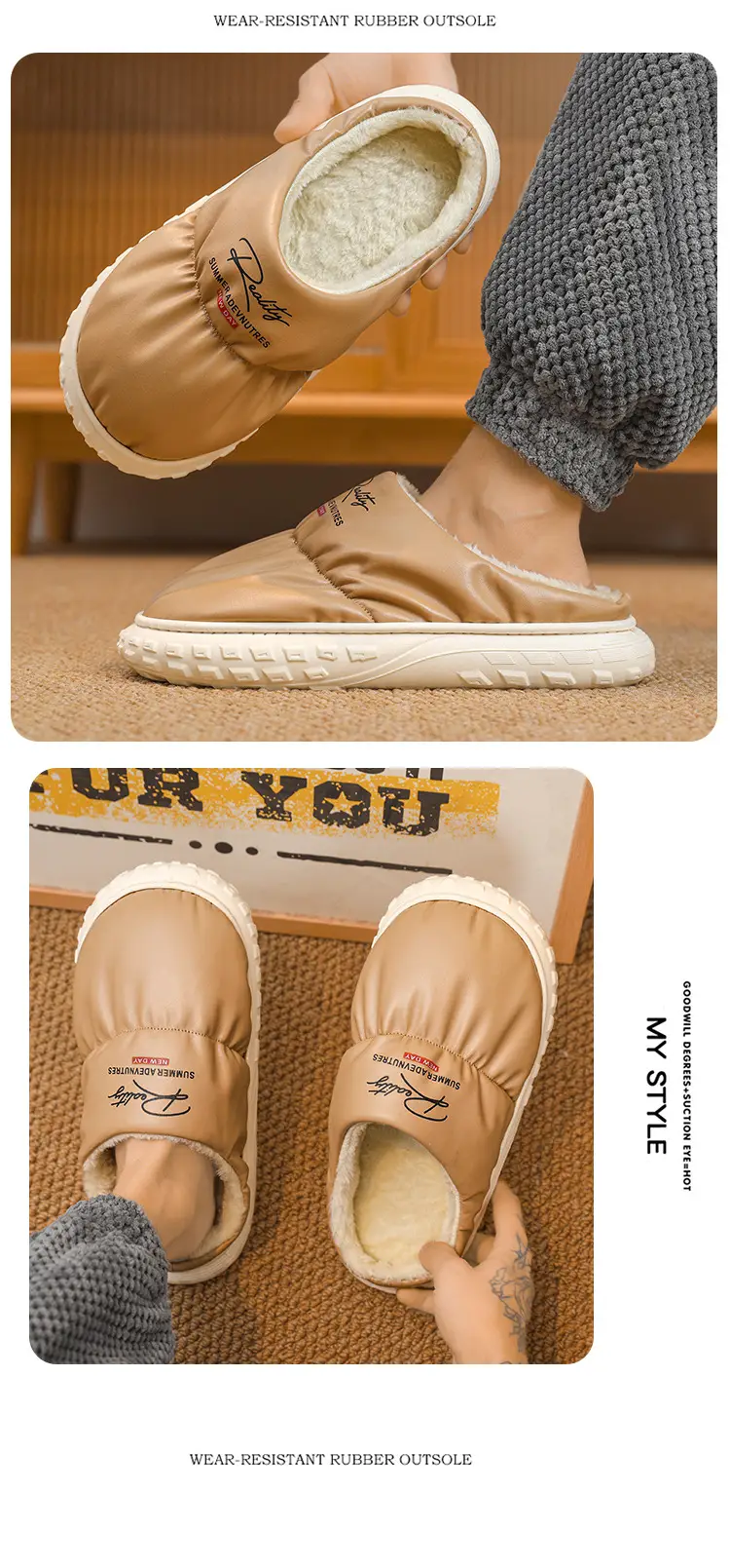 Waterproof Cotton Slippers Men's Winter Fashion New Indoor Velvet Thickeneded Cold-Proof and Warm Thick-Soled Non-Slip Wear-Resistant Cotton Shoes — feature 17