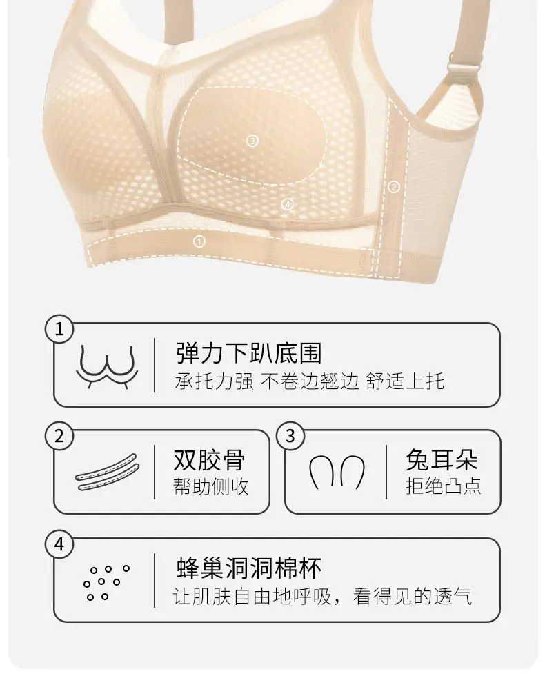 Large Bust Ultra-Thin Seamless Bra That Makes Big Busts Appear Smaller, Full Cup Breathable Rabbit Ear Honeycomb Bra Underwear — feature 12