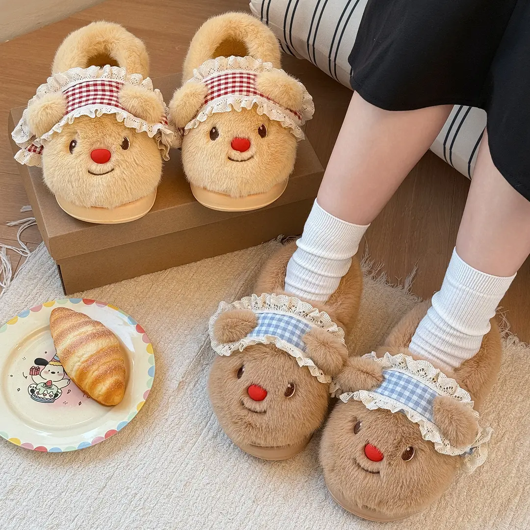 Nanbowan Outer Wear Bag Heel Cotton Slippers for Women Cute Bear Home Indoor Fleece-Lined Thickeneded Soft Thick-Soled Cotton Slippers for Women - Image 4