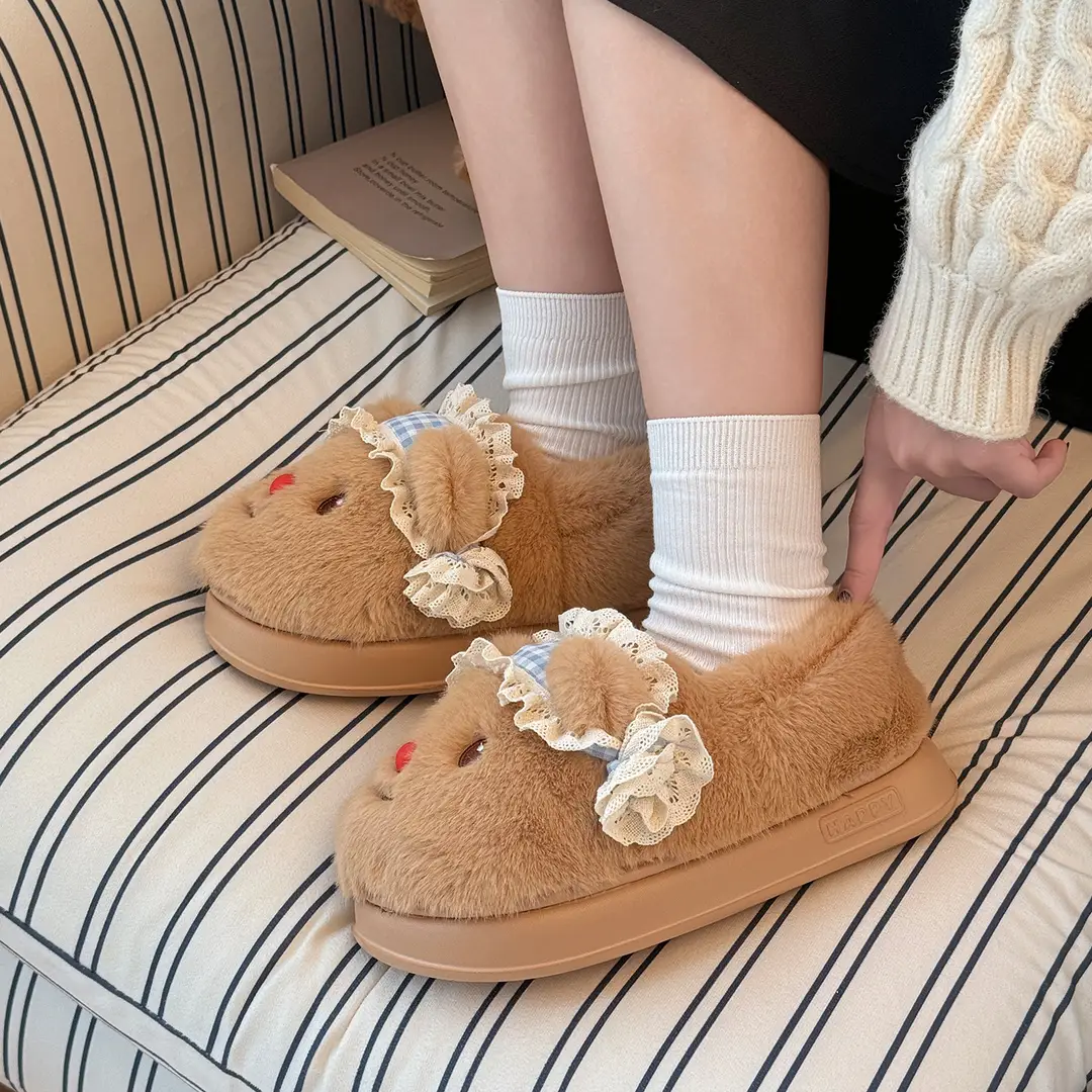 Nanbowan Outer Wear Bag Heel Cotton Slippers for Women Cute Bear Home Indoor Fleece-Lined Thickeneded Soft Thick-Soled Cotton Slippers for Women - Image 6