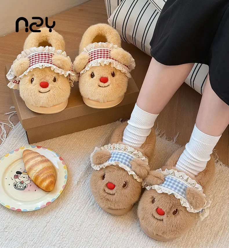 Nanbowan Outer Wear Bag Heel Cotton Slippers for Women Cute Bear Home Indoor Fleece-Lined Thickeneded Soft Thick-Soled Cotton Slippers for Women — feature 1