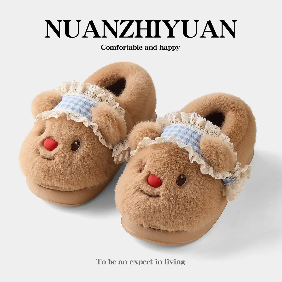 Nanbowan Outer Wear Bag Heel Cotton Slippers for Women Cute Bear Home Indoor Fleece-Lined Thickeneded Soft Thick-Soled Cotton Slippers for Women - Image 2