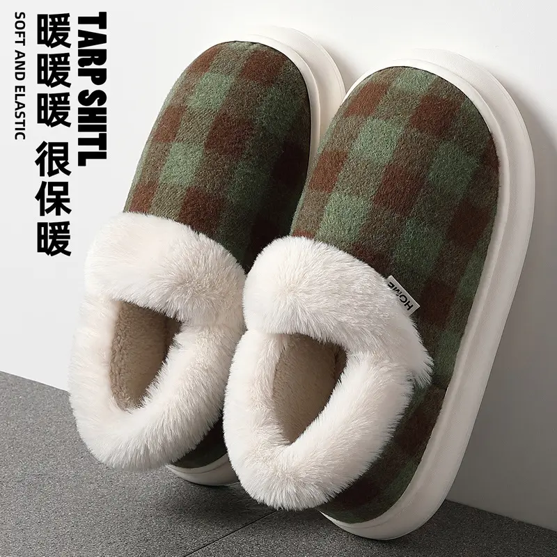 Autumn and Winter Cotton Slippers New Style Plaid Fleece-Lined Warm Bag Heel Cotton Slippers Thick Sole Non-Slip Wear-Resistant Furry Slippers for Women - Image 5