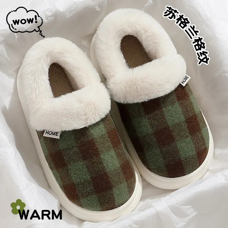 Autumn and Winter Cotton Slippers New Style Plaid Fleece-Lined Warm Bag Heel Cotton Slippers Thick Sole Non-Slip Wear-Resistant Furry Slippers for Women - Image 6