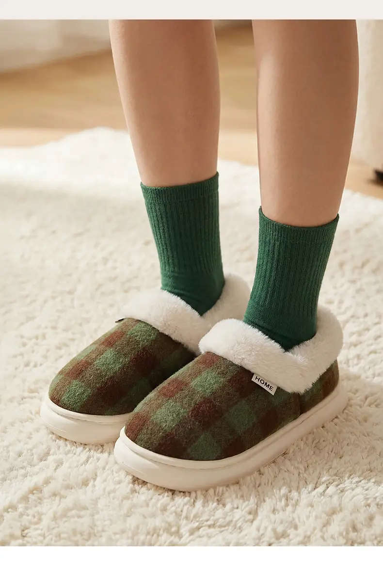 Autumn and Winter Cotton Slippers New Style Plaid Fleece-Lined Warm Bag Heel Cotton Slippers Thick Sole Non-Slip Wear-Resistant Furry Slippers for Women — feature 3