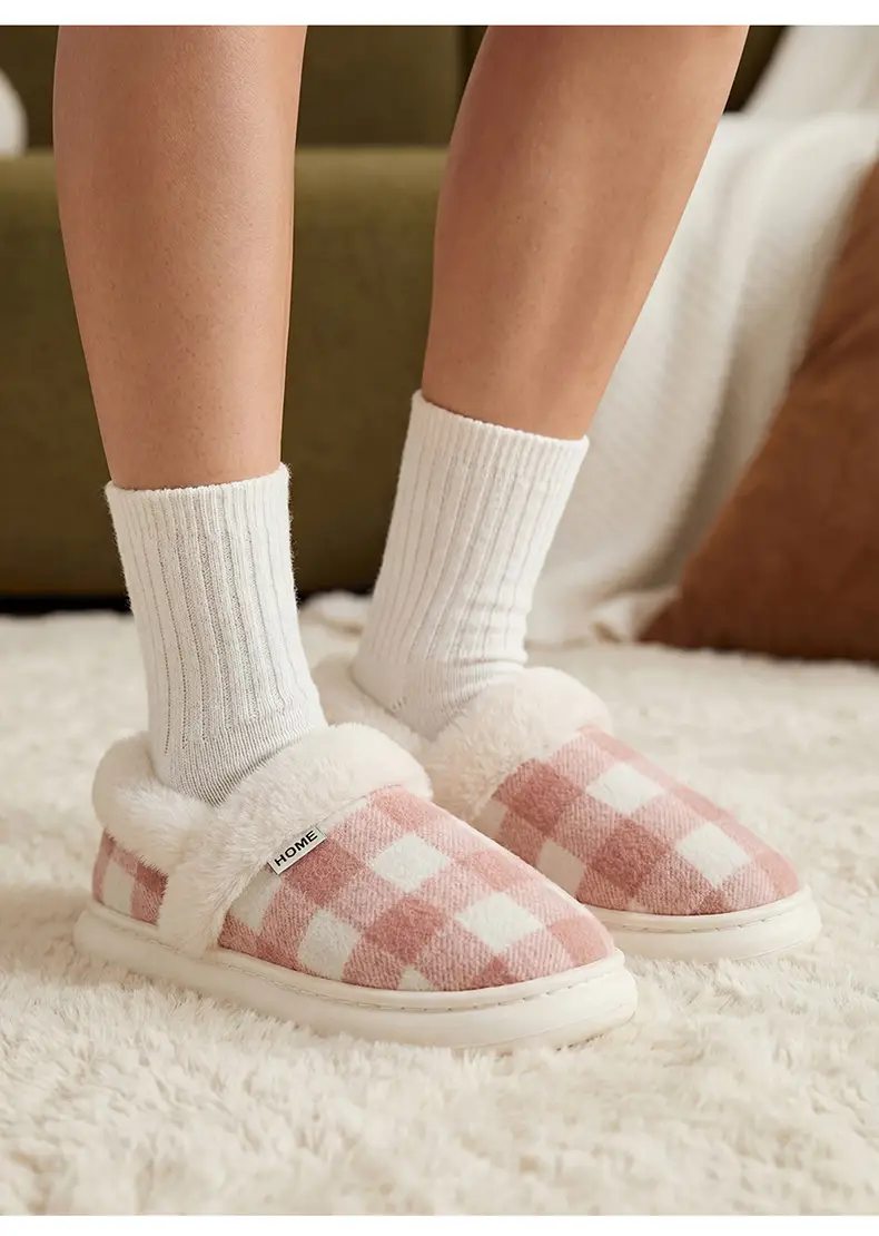 Autumn and Winter Cotton Slippers New Style Plaid Fleece-Lined Warm Bag Heel Cotton Slippers Thick Sole Non-Slip Wear-Resistant Furry Slippers for Women — feature 7