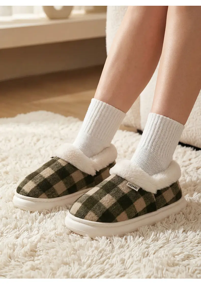 Autumn and Winter Cotton Slippers New Style Plaid Fleece-Lined Warm Bag Heel Cotton Slippers Thick Sole Non-Slip Wear-Resistant Furry Slippers for Women — feature 8