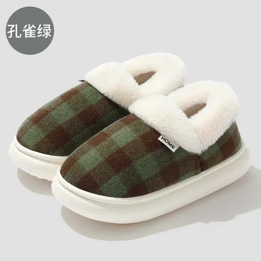 Autumn and Winter Cotton Slippers New Style Plaid Fleece-Lined Warm Bag Heel Cotton Slippers Thick Sole Non-Slip Wear-Resistant Furry Slippers for Women - Image 2
