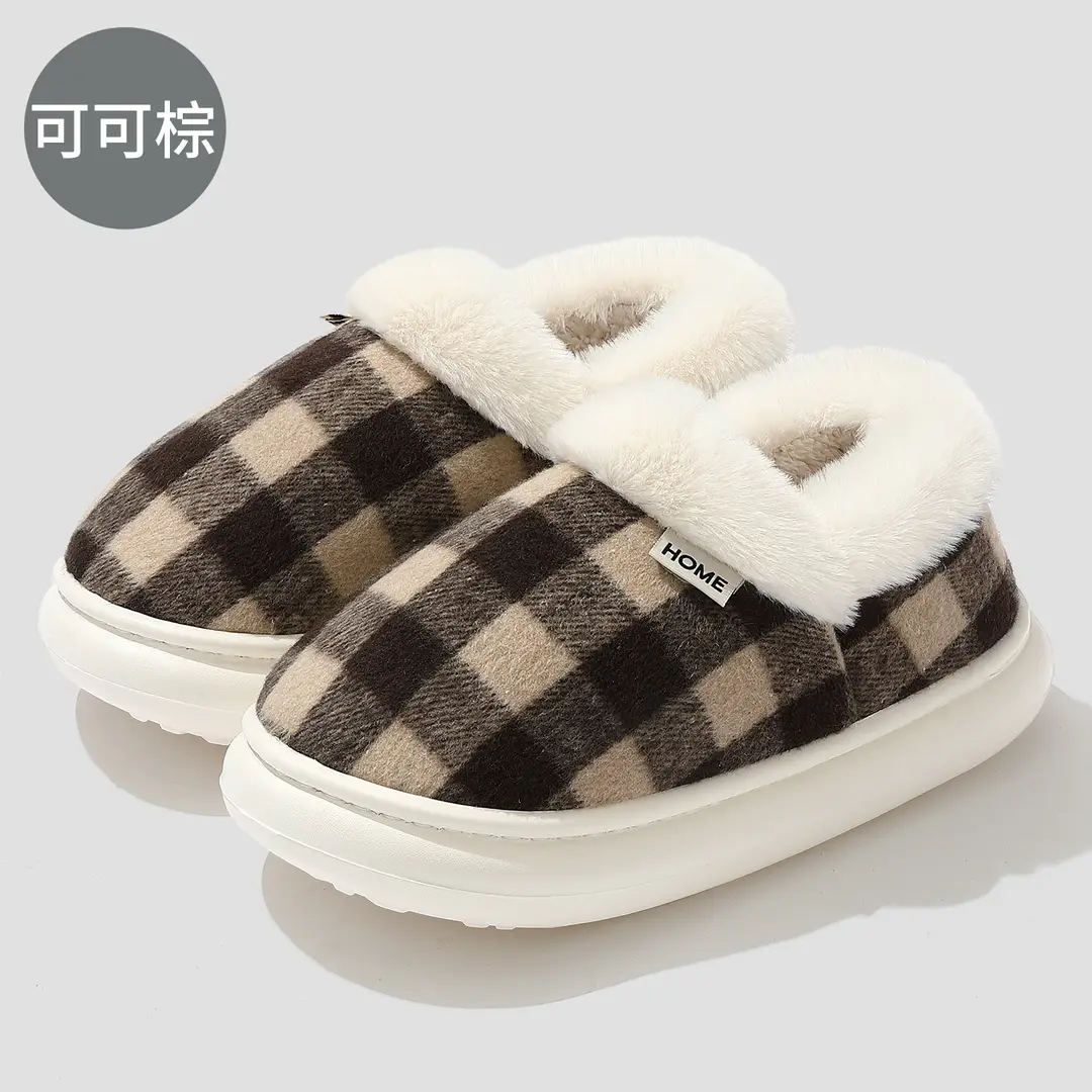 Autumn and Winter Cotton Slippers New Style Plaid Fleece-Lined Warm Bag Heel Cotton Slippers Thick Sole Non-Slip Wear-Resistant Furry Slippers for Women - Image 3
