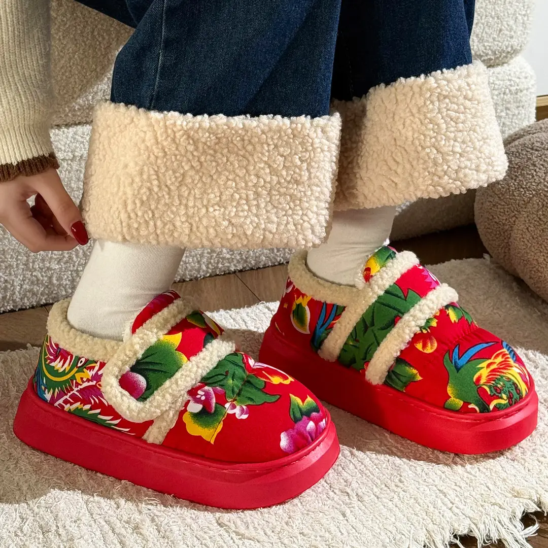 Northeastern Large Flower Cotton Shoes for Women, Winter Outer Wear, Thick-Soled Non-Slip Home Plush Warm Bag and Cotton Slippers for Women Wholesale - Image 5