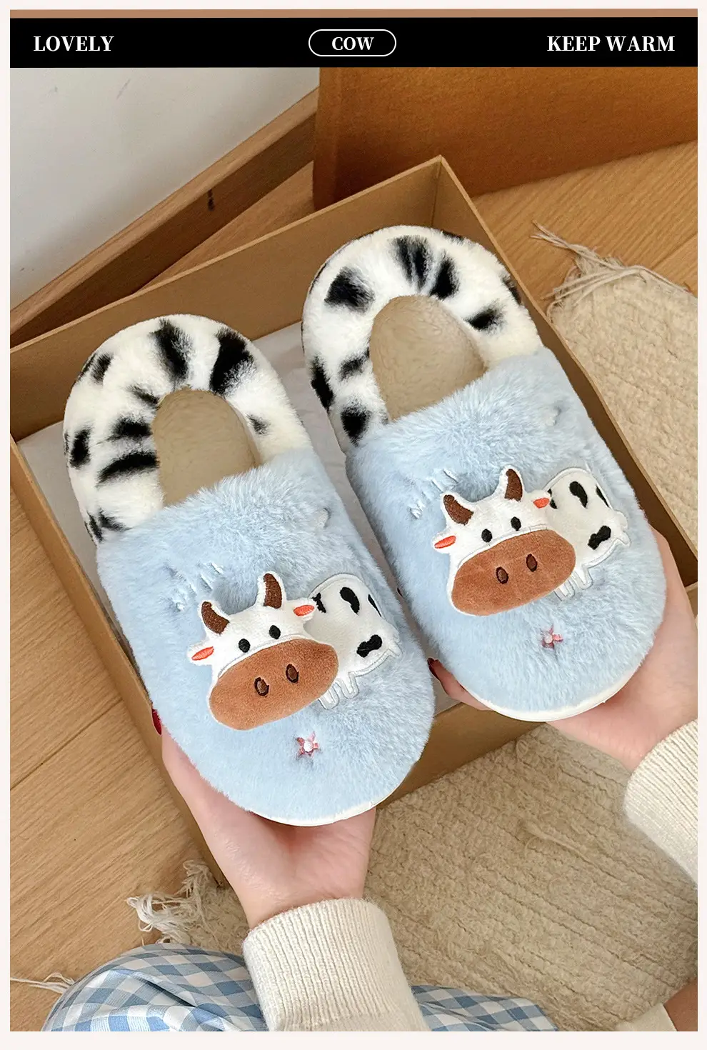 Plush Cow Cotton Shoes for Women, Winter Home Soft-Soled Non-Slip Fleece-Lined Warm Outdoor Wear, Closed-Back Cotton Slippers for Women Wholesale — feature 1