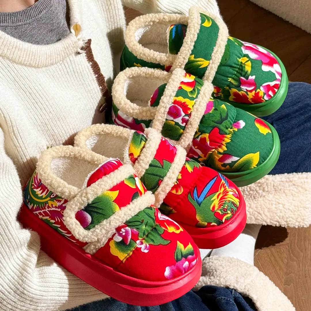 Northeastern Large Flower Cotton Shoes for Women, Winter Outer Wear, Thick-Soled Non-Slip Home Plush Warm Bag and Cotton Slippers for Women Wholesale - Image 2