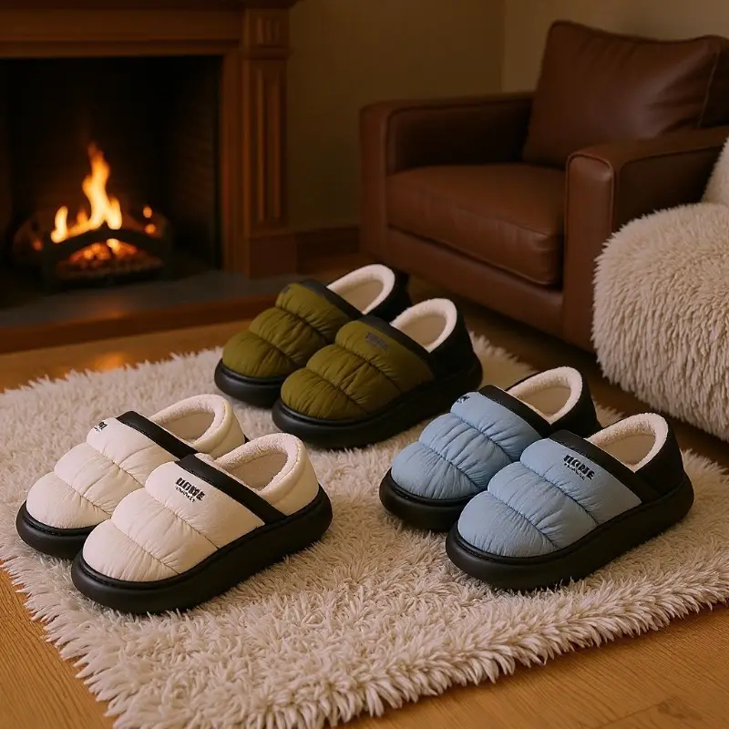 Men's Winter Wool Slippers Olive Green Non-Slip