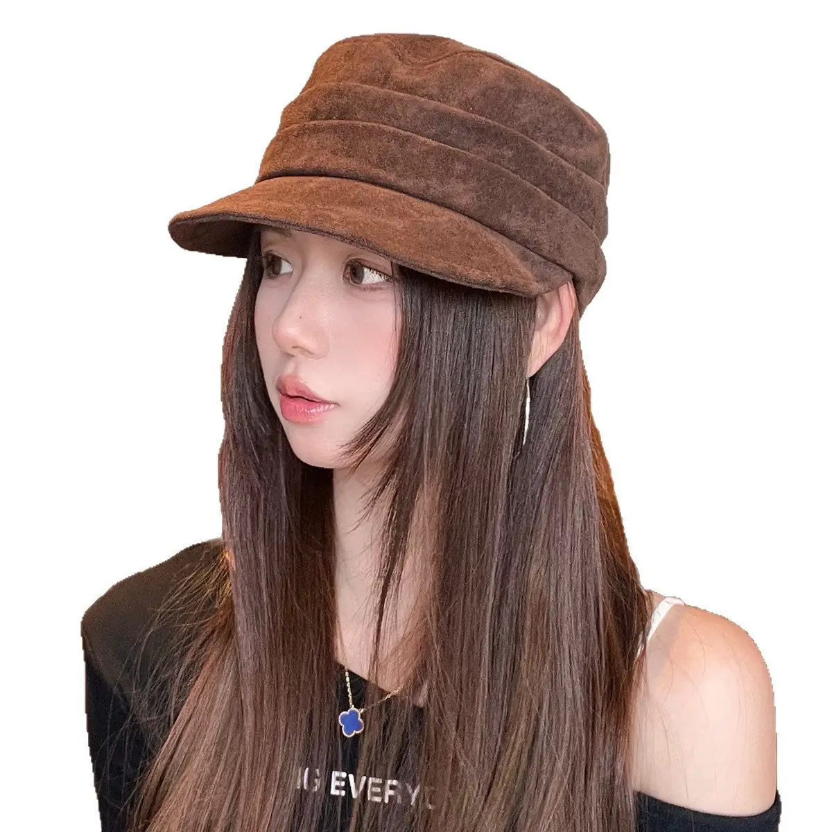 Women Equestrian Suede Baseball Cap Beige Flat Top - Image 9