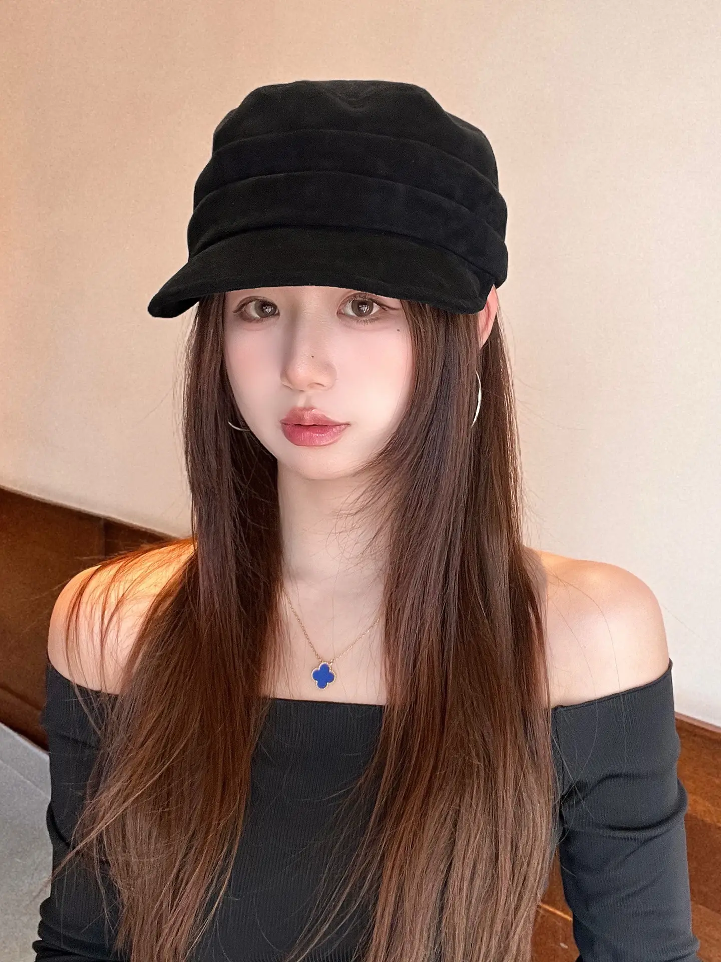 Women Equestrian Suede Baseball Cap Beige Flat Top — feature 3
