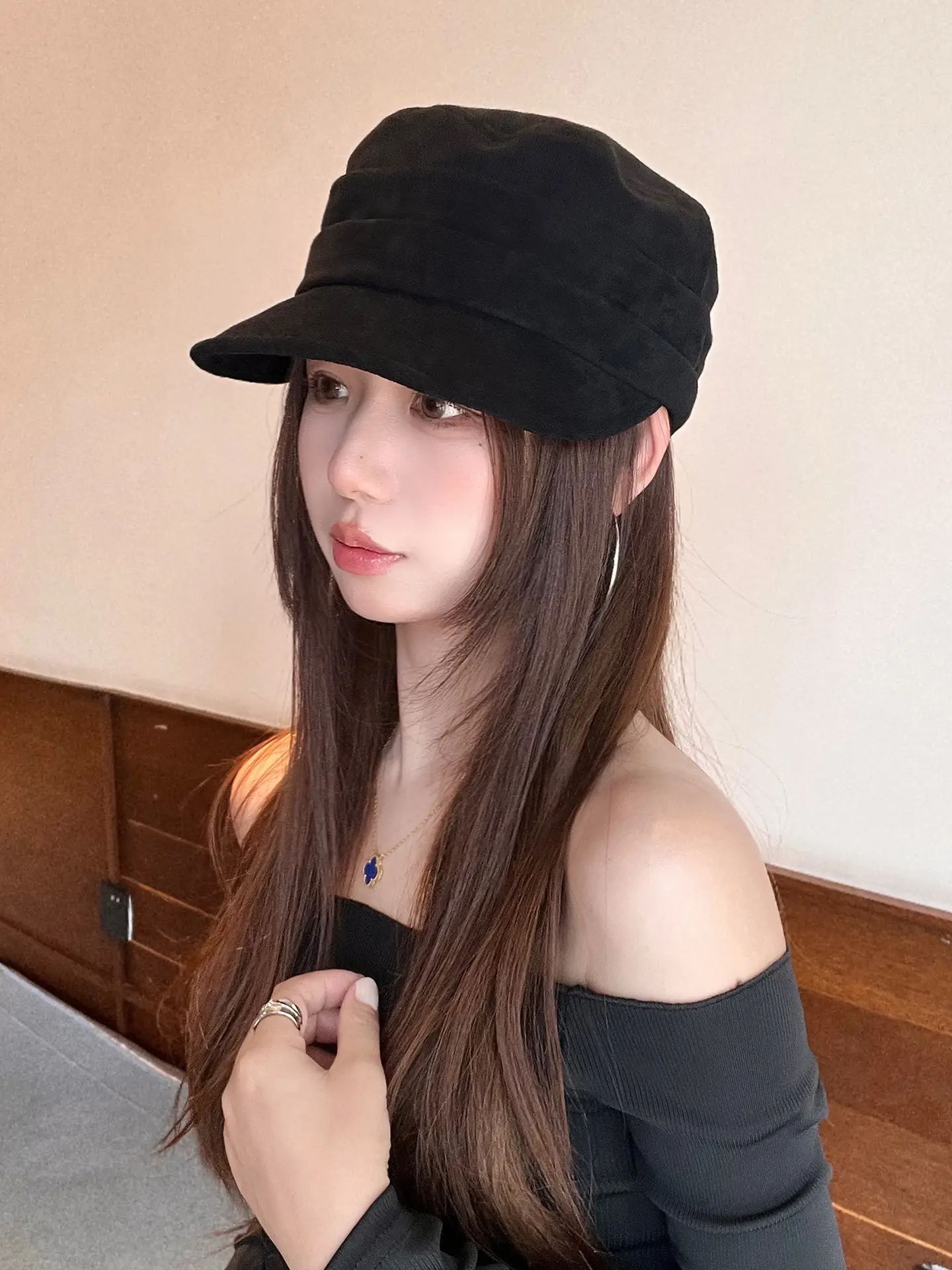 Women Equestrian Suede Baseball Cap Beige Flat Top — feature 8