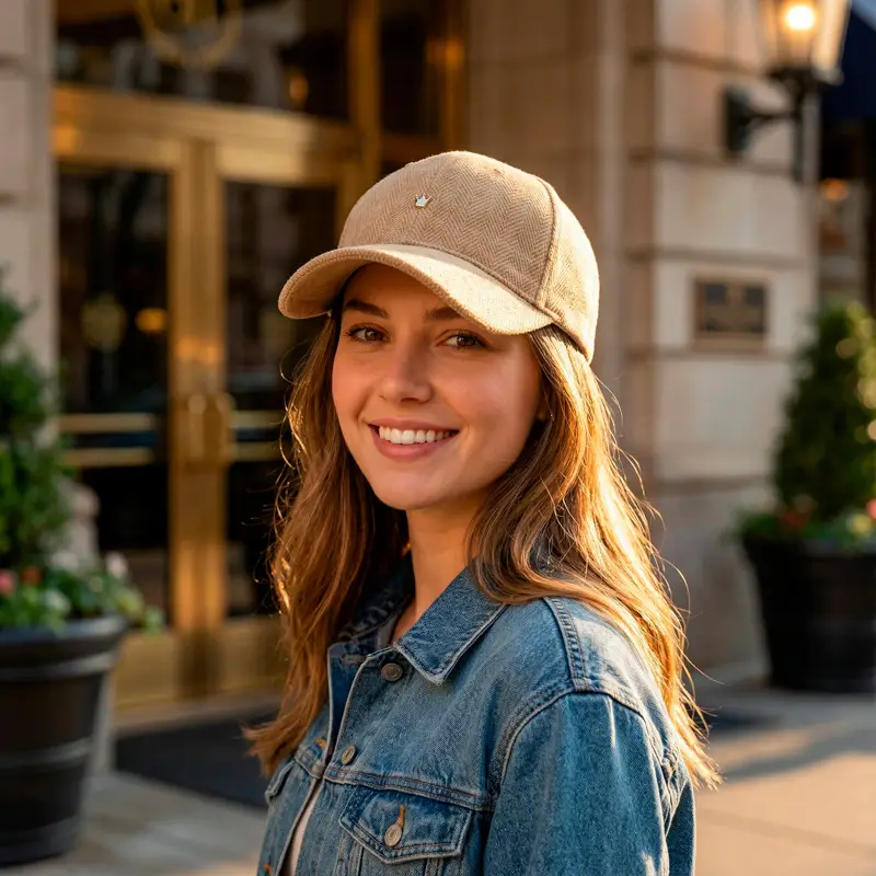 Black Herringbone Baseball Cap with Crown Embroidery - Image 8