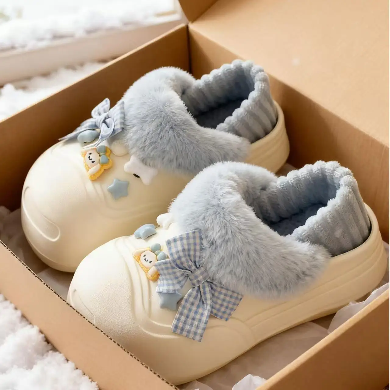 Cute Cat Toe Cotton Heel Shoes for Women Grey