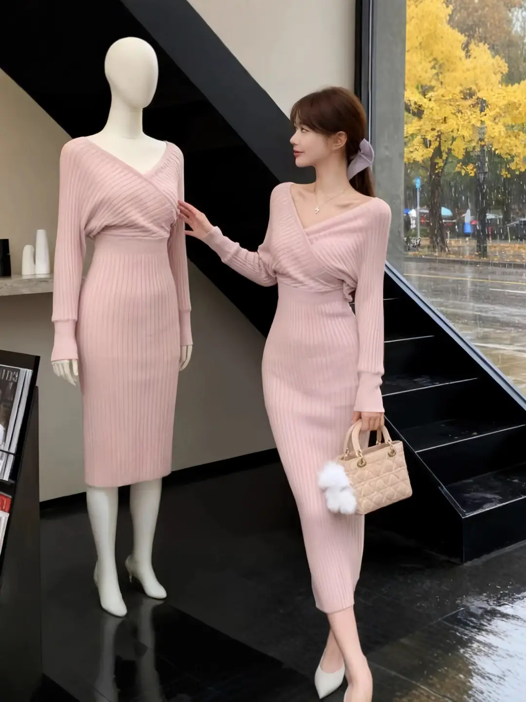 2026 Cross-Border European and American Style New Women's Fashion Elegant V-Neck Long-Sleeve Knit Dress for Women, Autumn and Winter Bodycon Long Dress