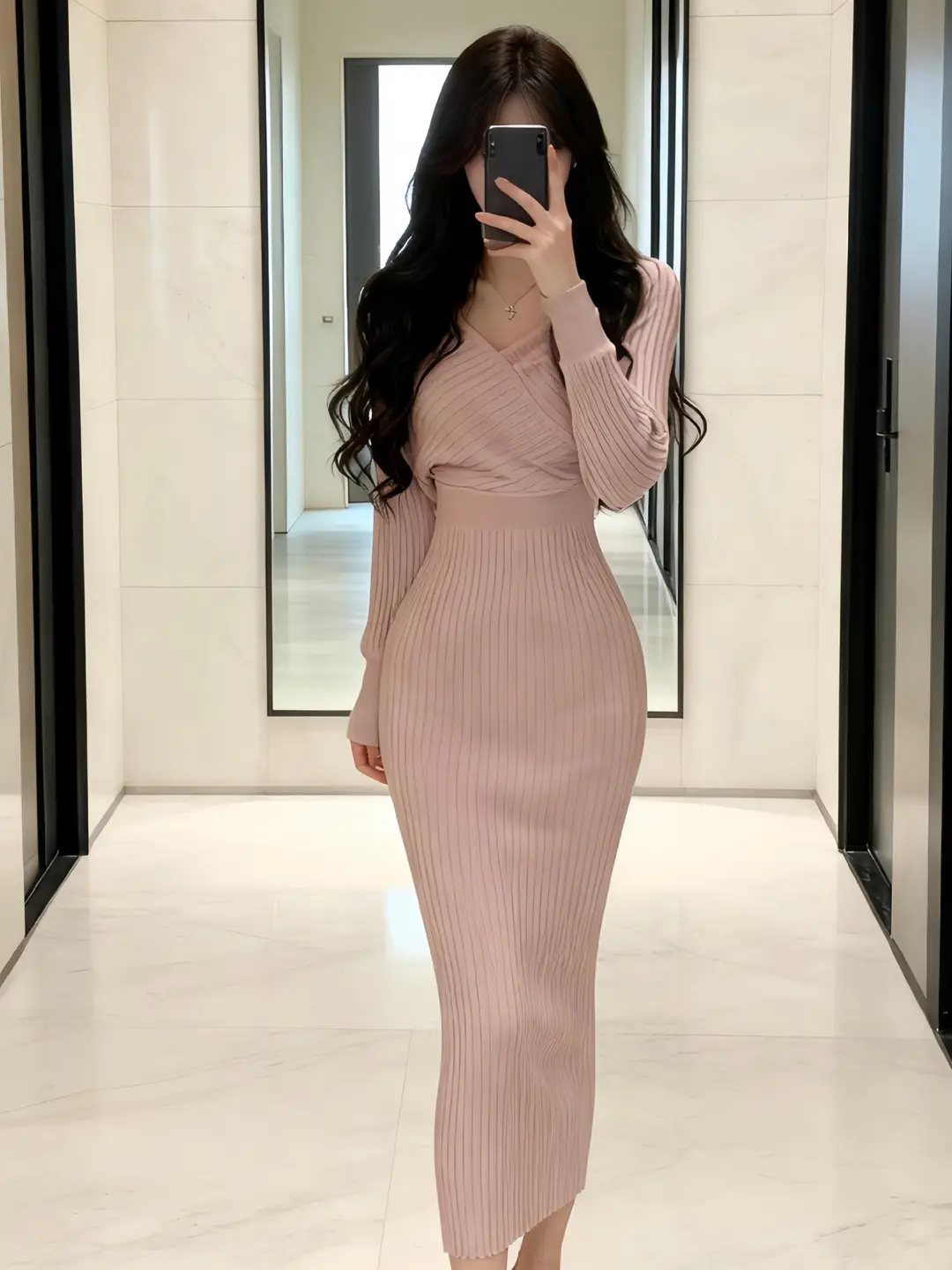 2026 Cross-Border European and American Style New Women's Fashion Elegant V-Neck Long-Sleeve Knit Dress for Women, Autumn and Winter Bodycon Long Dress