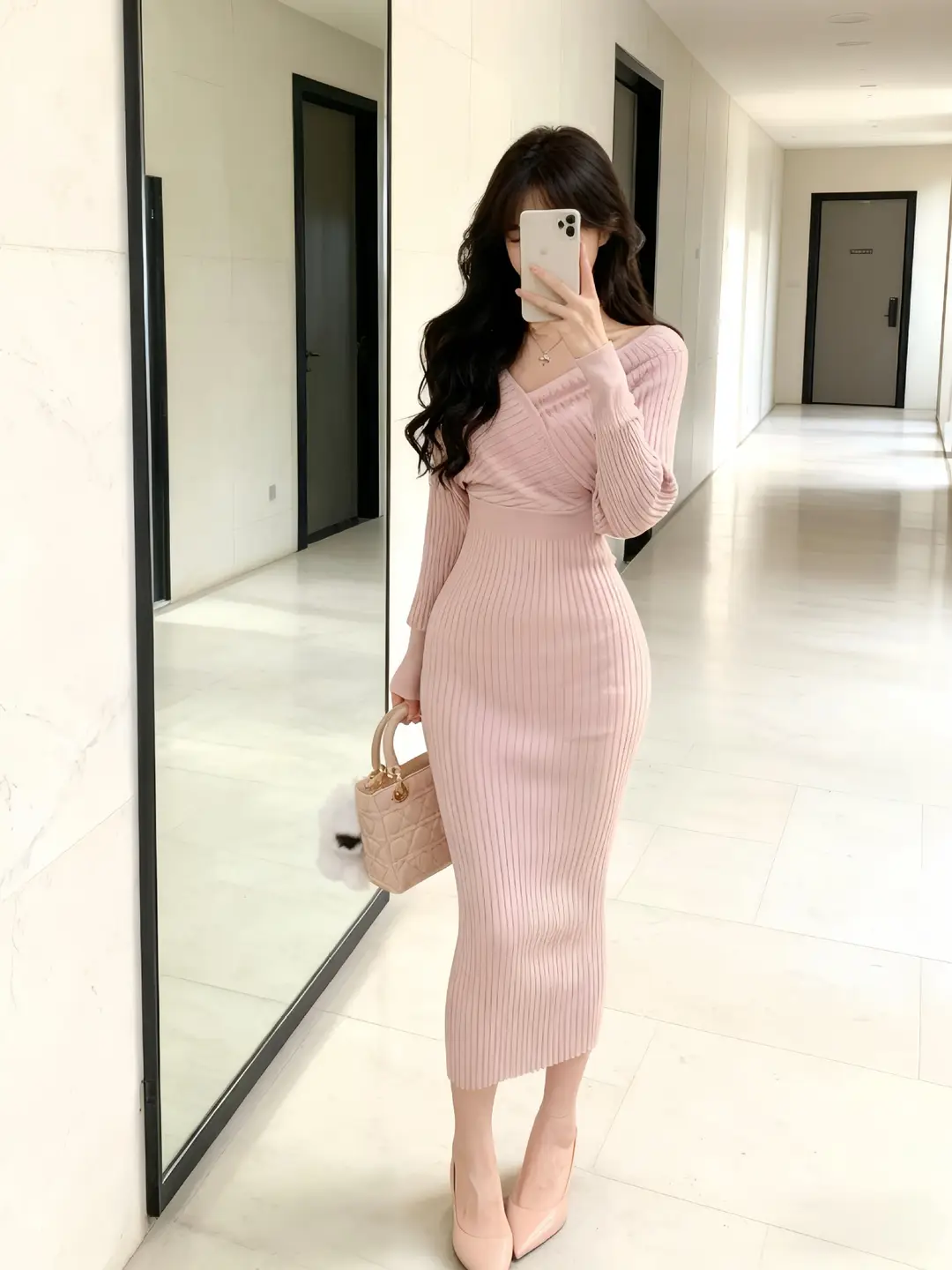 2026 Cross-Border European and American Style New Women's Fashion Elegant V-Neck Long-Sleeve Knit Dress for Women, Autumn and Winter Bodycon Long Dress