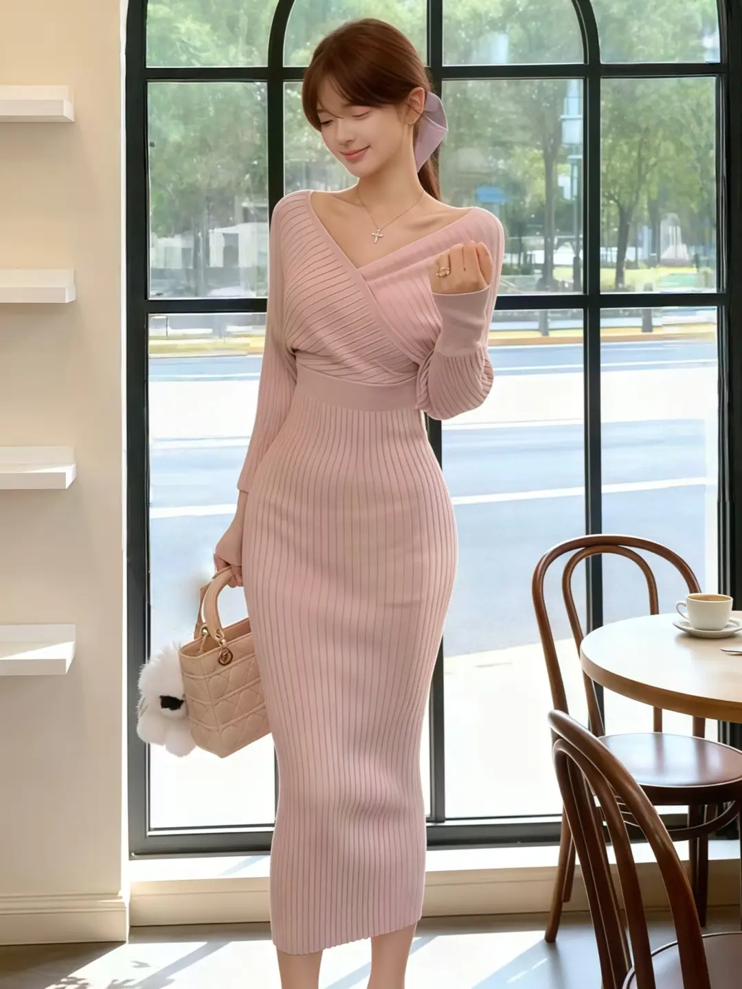 2026 Cross-Border European and American Style New Women's Fashion Elegant V-Neck Long-Sleeve Knit Dress for Women, Autumn and Winter Bodycon Long Dress