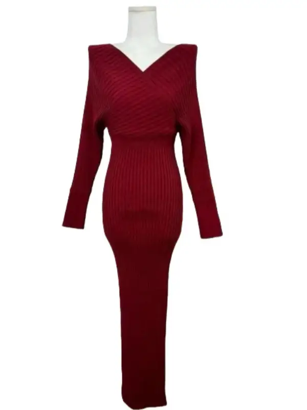 2026 Cross-Border European and American Style New Women's Fashion Elegant V-Neck Long-Sleeve Knit Dress for Women, Autumn and Winter Bodycon Long Dress