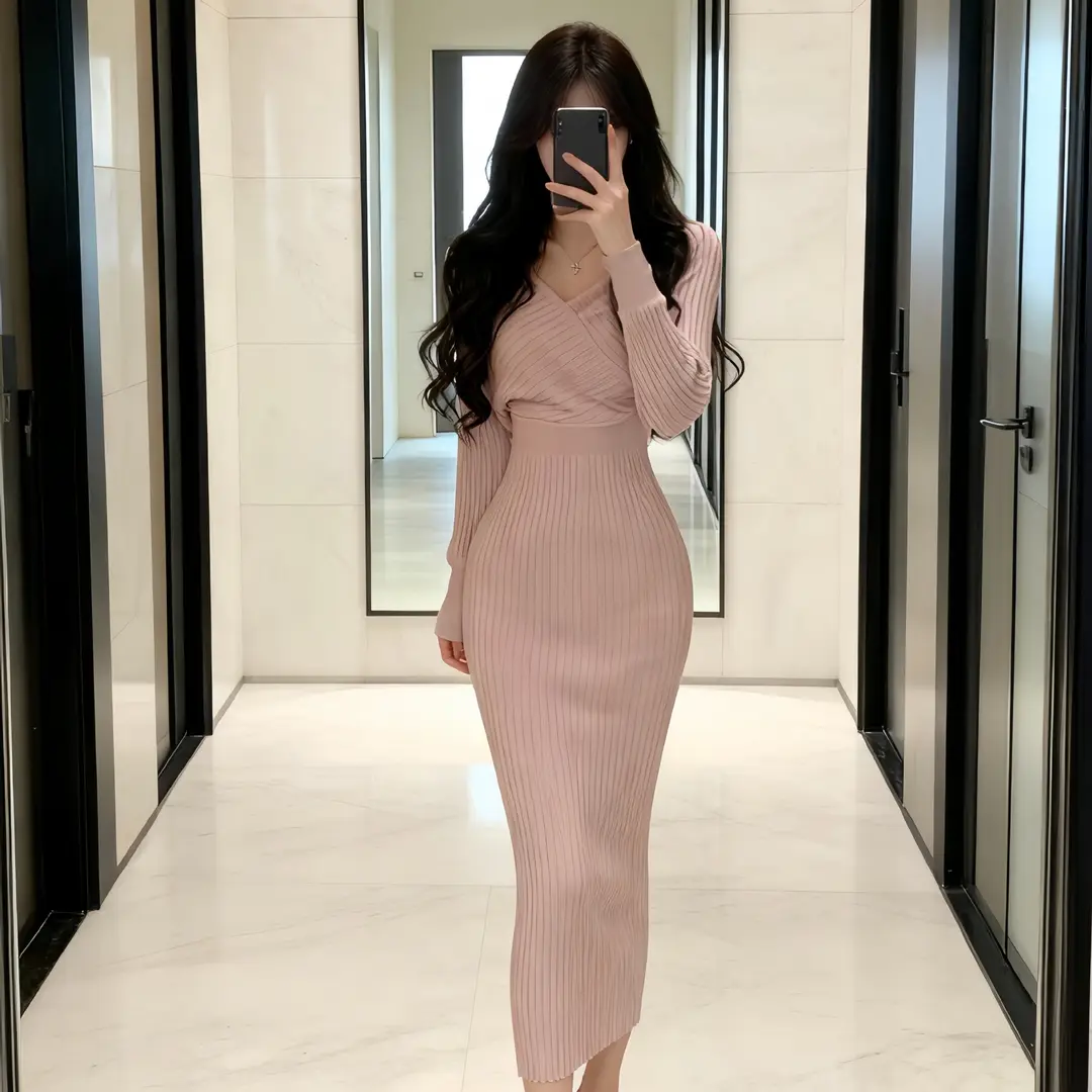 2026 Cross-Border European and American Style New Women's Fashion Elegant V-Neck Long-Sleeve Knit Dress for Women, Autumn and Winter Bodycon Long Dress — feature 3
