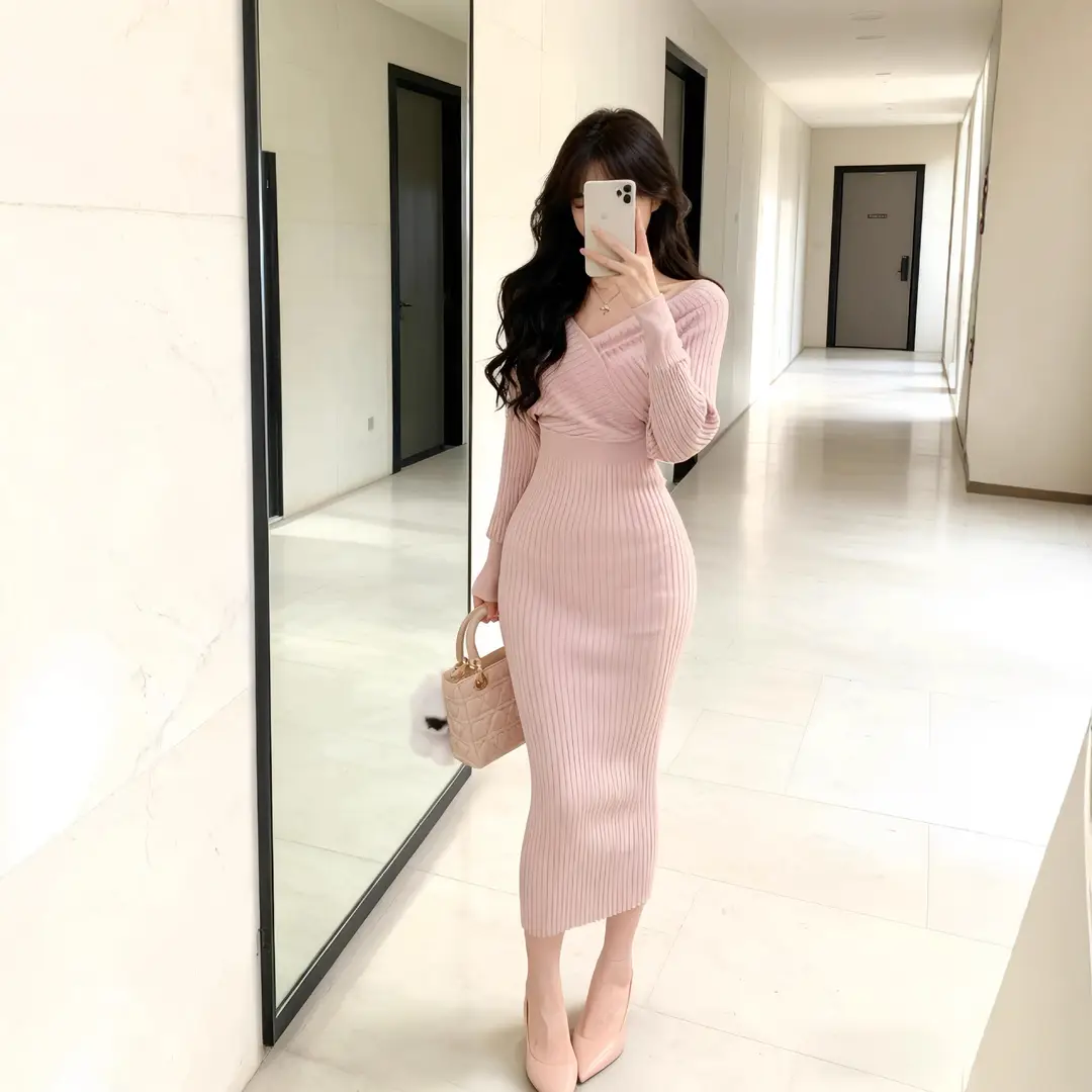 2026 Cross-Border European and American Style New Women's Fashion Elegant V-Neck Long-Sleeve Knit Dress for Women, Autumn and Winter Bodycon Long Dress — feature 4