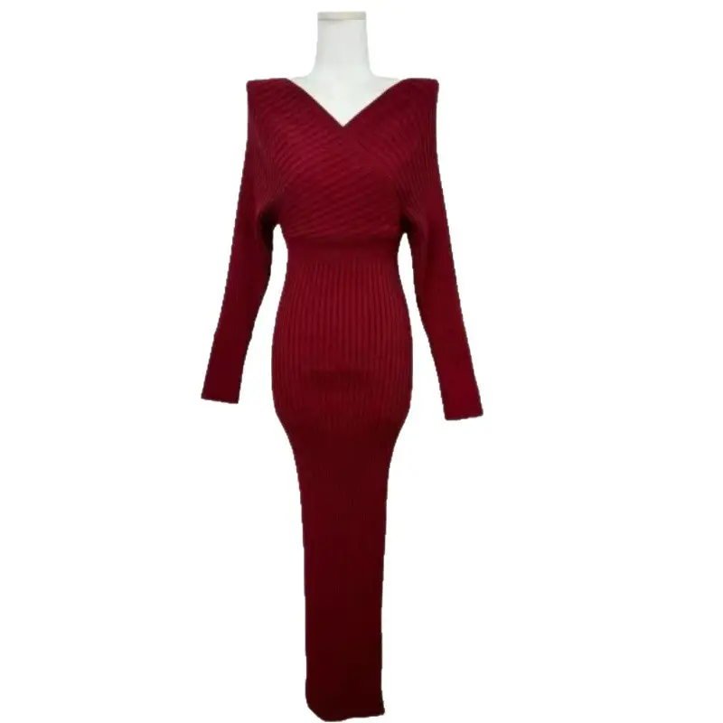 2026 Cross-Border European and American Style New Women's Fashion Elegant V-Neck Long-Sleeve Knit Dress for Women, Autumn and Winter Bodycon Long Dress — feature 8