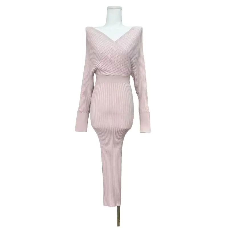 2026 Cross-Border European and American Style New Women's Fashion Elegant V-Neck Long-Sleeve Knit Dress for Women, Autumn and Winter Bodycon Long Dress