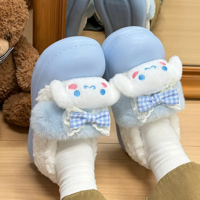 Sanrio Cotton Slippers for Women in Winter Cute Cartoon Thick-Soled Non-Slip Outer Wear Plush Warm Bag Heel Fur Slippers for Women - Image 6